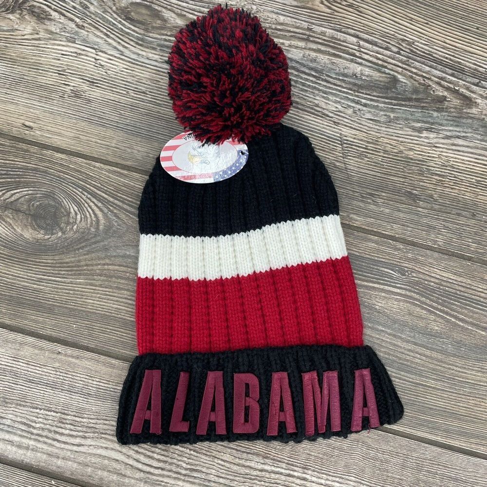Alabama NWT Toboggan Winter Pom Pom‎ Beanie Crimson Black Stripe Embroidered